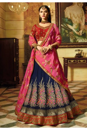 Navy Blue and Pink Banarasi silk Indian wedding lehenga