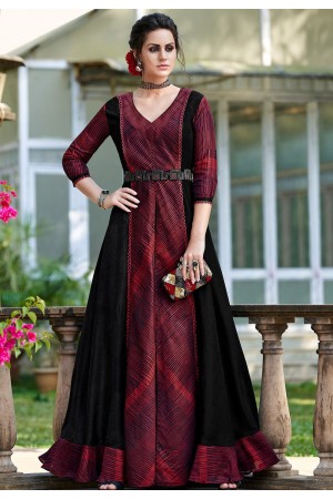maroon shade silk digital printed long gown 9008