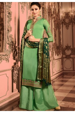 teal green satin georgette embroidered pakistani palazzo suit 16001