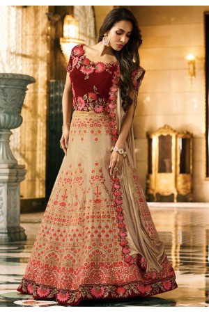 Malaika arora khan Beige maroon silk Indian wedding Lehenga choli 13192