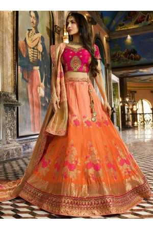 Malaika arora khan Orange Pink silk Indian wedding Lehenga choli 13196