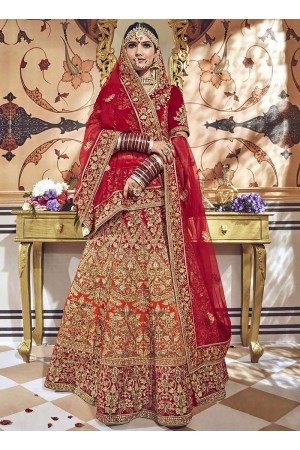 Orange red shaded velvet embroidered heavy designer Indian wedding lehenga choli 4706