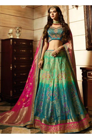 Turquoise rama green silk Indian wedding Lehenga choli 13199
