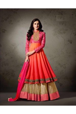 Orange pink shaded satin anarkali