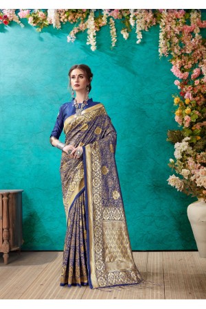 Navy Blue Banarasi Silk Designer Classic Wear Banarasi Silk Saree 61923