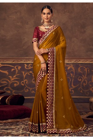 Chinon Saree with blouse in Mustard colour 4801