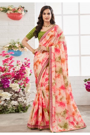 Chinon Saree with blouse in Pink colour 105