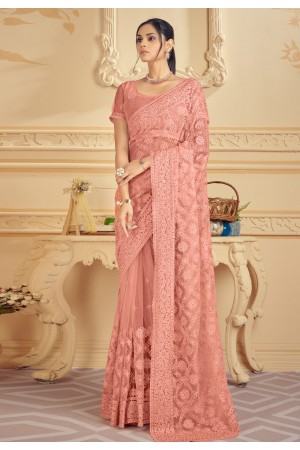 Net Saree with stone work in Peach colour 1328