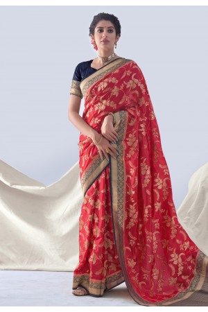 Silk Saree with blouse in Red colour 18002
