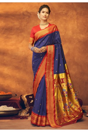 Silk paithani Saree in Navy blue colour 42006