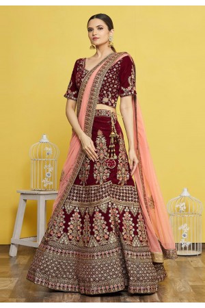 Velvet a line lehenga choli in Maroon colour 822C