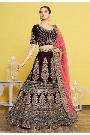 Velvet a line lehenga choli in Wine colour 822B