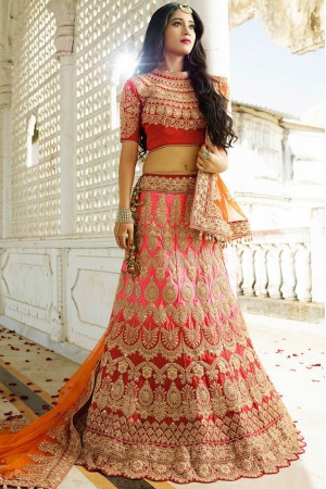 Pink and red color silk wedding lehenga choli