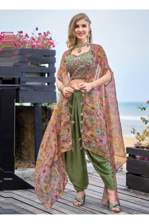 Olive Green satin readymade dhoti set cape suit 1135