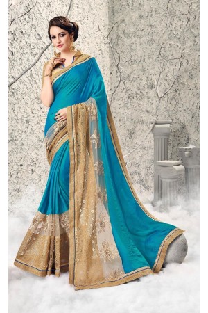 Party-wear-turquoise-Blue-Gold-color-saree