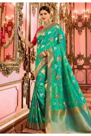 Green and red Indian wedding silk Saree
