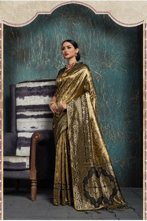 Golden Black Kanchipuram Silk party wear saree 58079