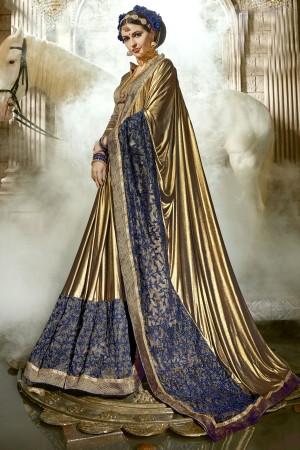 Golden Blue Chinese Imported Fabric party wear saree 60750