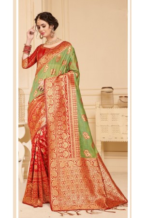 Green Red Linen Silk party wear saree 60491