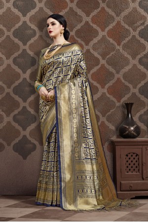 Navy Blue Gold Silk party wear saree 56654