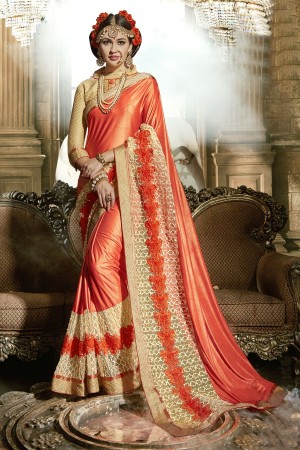 Orange Chinese Imported Fabric party wear saree 60751