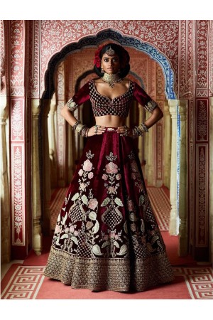 Bollywood Sabyasachi Inspired maroon velvet bridal lehenga