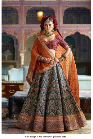 Bollywood Sabyasachi Inspired blue orange and red silk lehenga