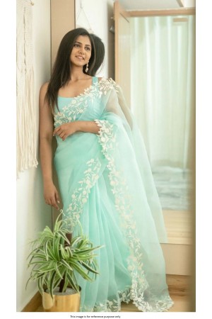 Bollywood Model Pure organza sea blue saree