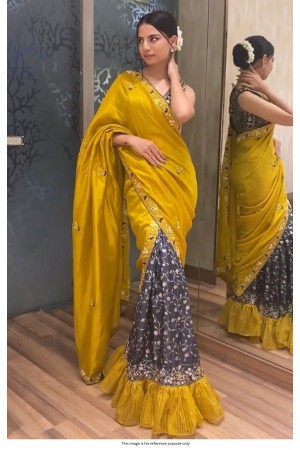 Bollywood Model Yellow two piece saburi silk ruffle party wear saree