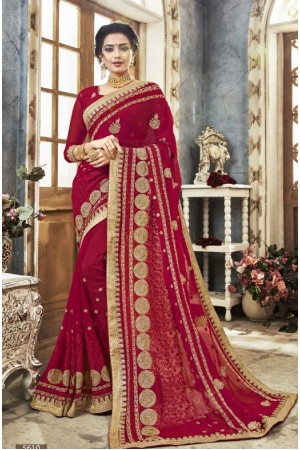 Red georgette embroidered party wear saree 5610