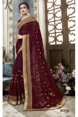 Wine georgette embroidered party wear saree 5615