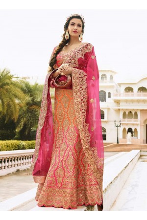 orange n pink art dupion silk wedding lehenga 13053