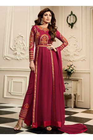 shilpa shetty maroon georgette straight pant suit 10008