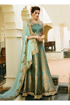 turquoise banarasi silk wedding lehenga 13057