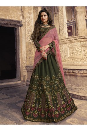 Mehandi green pink silk Indian wedding lehenga choli 904
