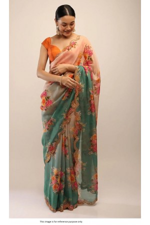 Bollywood Model Pure silk double shaded Green and Orange organza saree