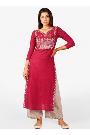 Red Sinduri cotton casual wear embroidered Kurti Palazzo