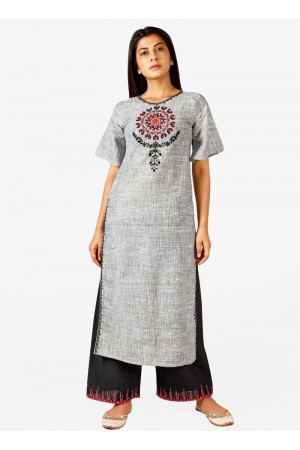 Grey cotton casual wear embroidered Kurti Palazzo