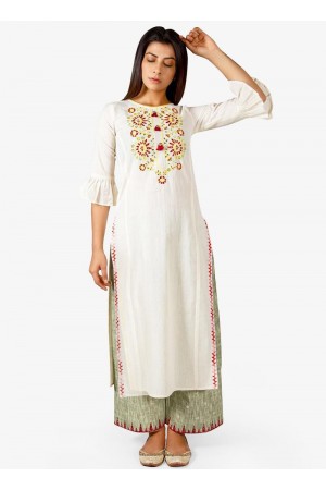 Off White Khadi casual wear embroidered Kurti Palazzo