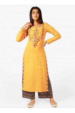 Yellow cotton casual wear embroidered Kurti Palazzo