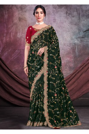 Net Organza Saree with blouse in Green color