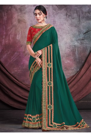 Satin silk Wedding Saree with blouse in Green color