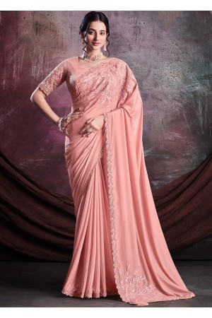 Shimmer Crepe silk Saree with blouse in Peach color
