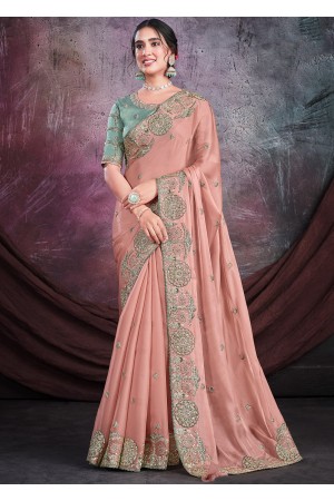 Shimmer organza silk Saree with blouse in Peach color