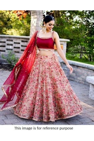 Peach and maroon Organza embroidered Wedding lehenga