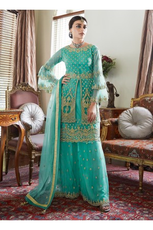 Blue Net Wedding Wear Embroidery Work Sharara Suit