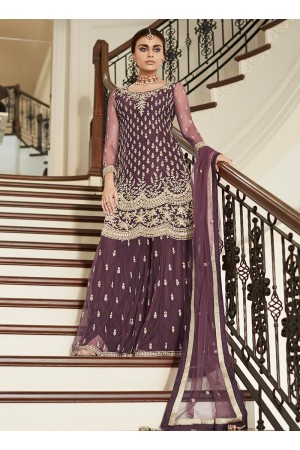 Purple Net Wedding Wear Embroidery Work Sharara Suit