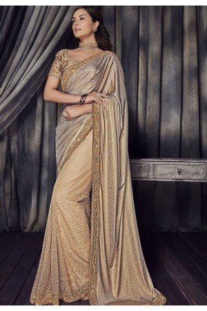Beige and gold Color lycra designer party wear saree