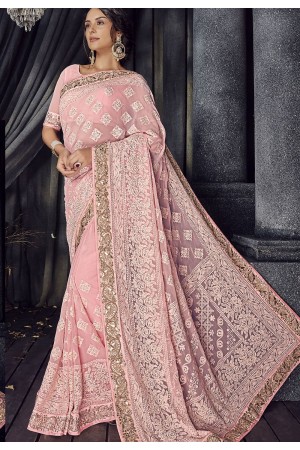 Pink bemberg Lucknowi designer party wear saree