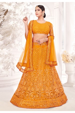 Yellow net sequins work lehenga choli 3003a